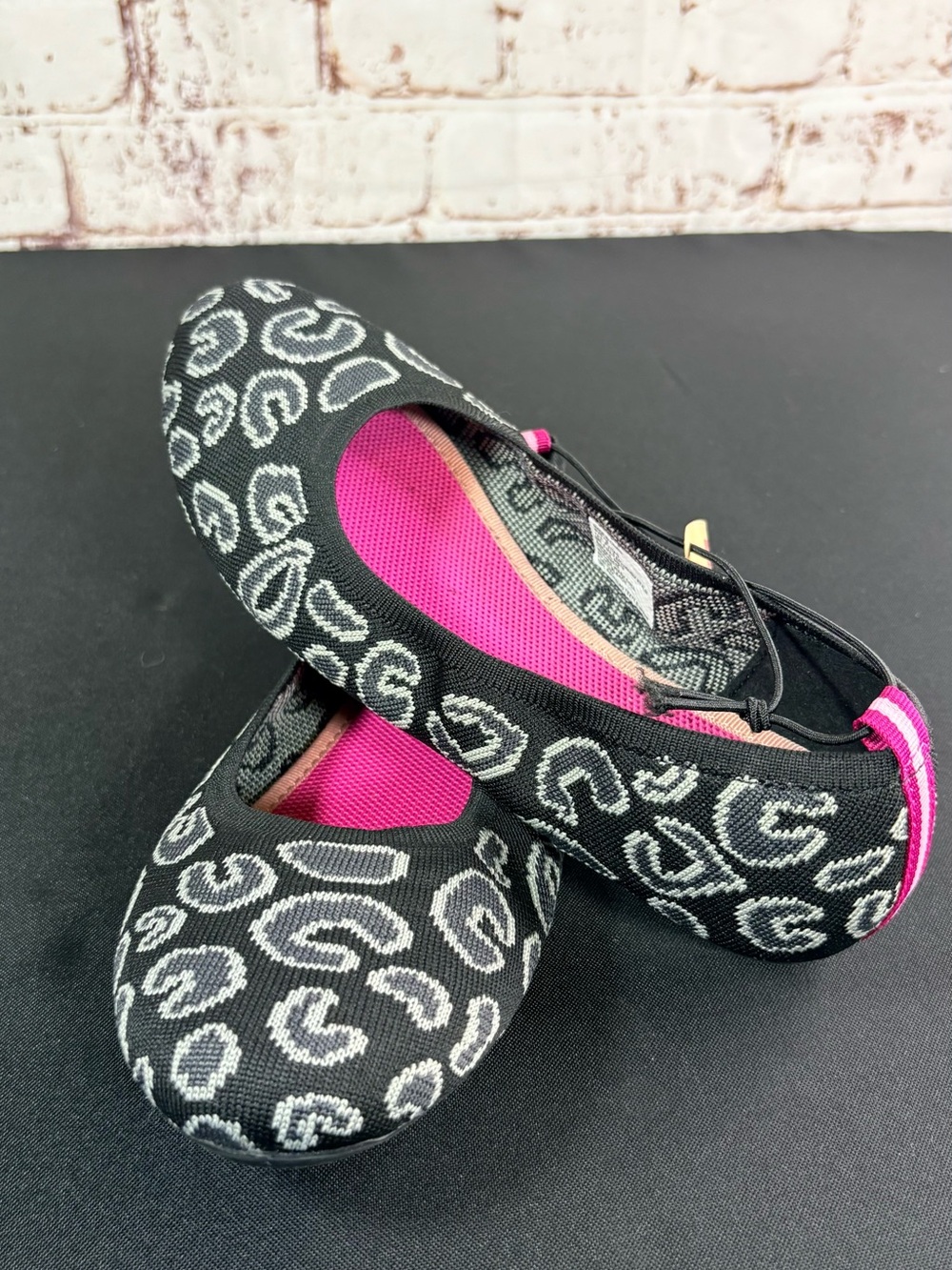 Women's Black Leopard Knit Ballet Flats with Pink Insole